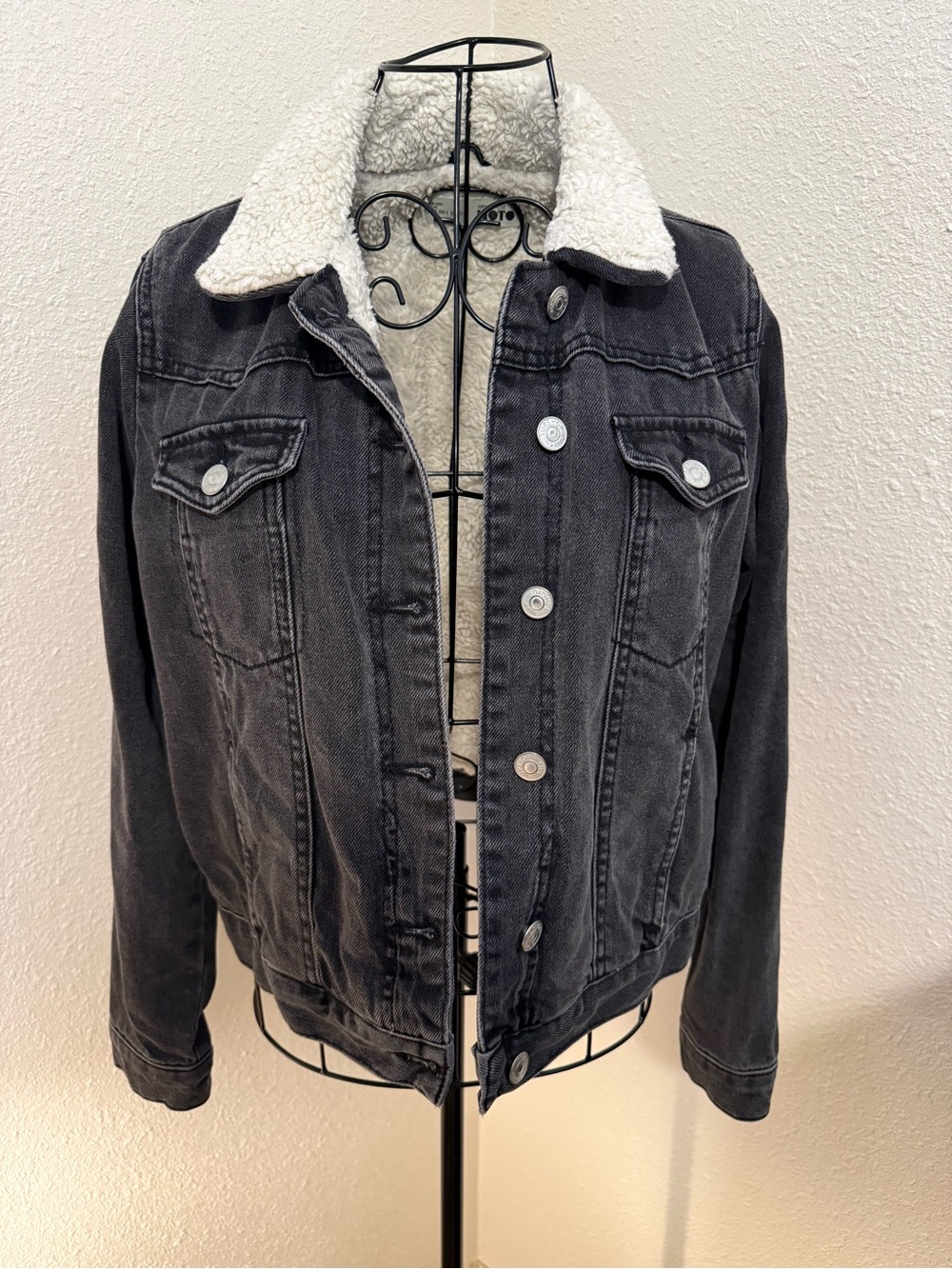 Topshop Moto Sherpa-Lined Black Denim Jacket